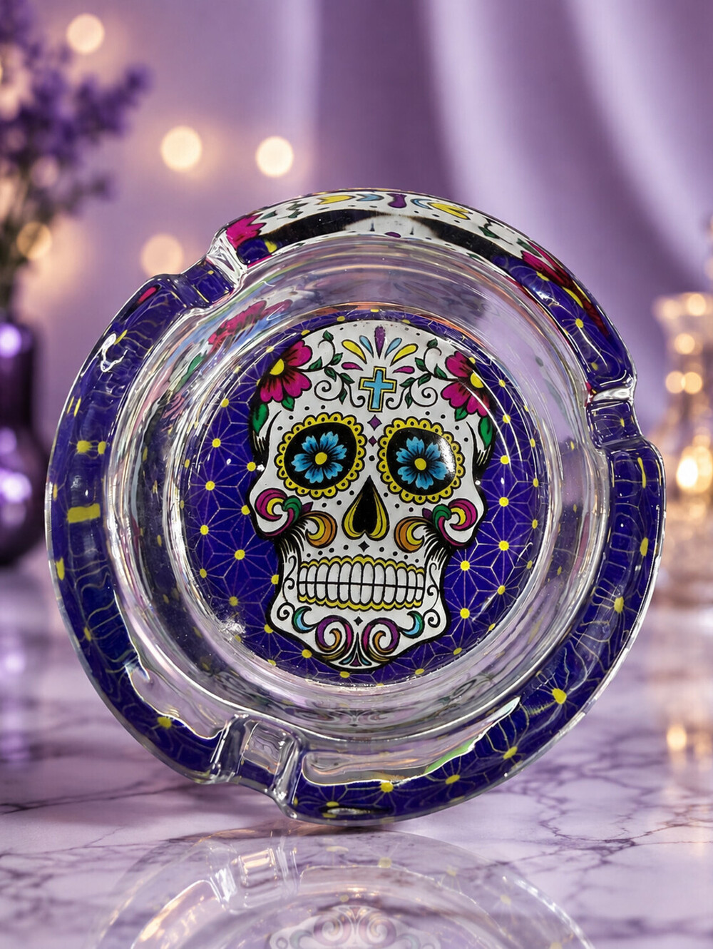 Ashtray Heavy Glass 3.25" Round - Sugar Skull-Deep purple